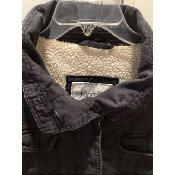 Kirra Womens Chore Field Military Button Up Jacket Sz L Muted Black Fur Lined - Picture 2 of 8